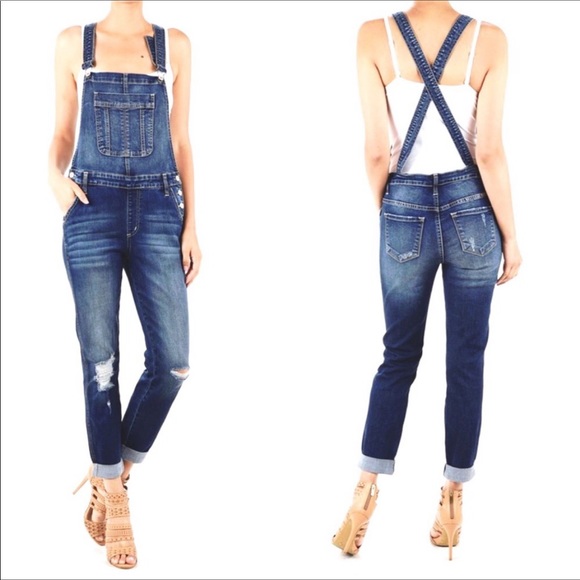 KanCan Los Angeles Distressed Dark Wash Stretch Overalls Size S - Picture 4 of 16